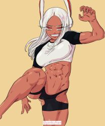 1girls abs alternate_version_available big_breasts bottomwear breasts bunny_ears female female_only hair huge_breasts legs lips long_hair miruko my_hero_academia pinkufran red_eyes rumi_usagiyama solo solo_female teeth teeth_showing thick_thighs thighs topwear white_hair