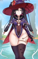 1girls blue_eyes breasts eye_contact female female_focus female_only fully_clothed genshin_impact gloves legwear leotard looking_at_viewer mona_(genshin_impact) o22no purple_hair small_breasts solo standing thick_thighs thighhighs thighs twintails witch_hat