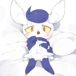 blush bodily_fluids cum cum_on_body female generation_6_pokemon genital_fluids hi_res looking_at_viewer lying meowstic nintendo on_model open_mouth pokemon pokemon_(species) simple_background solo video_games white_background white_body yellow_eyes youjomodoki