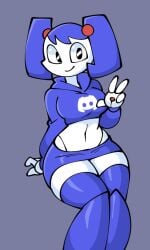 ass big_ass big_breasts blue_hair blue_hoodie breasts cartoon_network cosplay curvy discord discord_(app) discord_logo jek_korpen jenny_wakeman logo my_life_as_a_teenage_robot peace_sign robot robot_girl smile thick_thighs xj-9