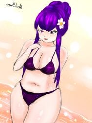 big_breasts bra breasts chonk chubby chubby_female cleavage doki_doki_literature_club female flower flower_in_hair lewddoodler long_hair long_hair_female matching_underwear panties purple_bra purple_eyes purple_hair purple_panties signature thighs tummy underwear yuri_(doki_doki_literature_club)