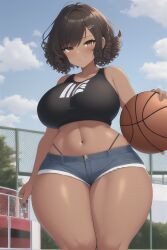 1girls ai_generated basketball big_ass brown_hair busty clothing crop_top curly_hair curvy curvy_figure dark-skinned_female fence hairclip hazel_eyes holding_basketball huge_breasts huge_thighs jean_shorts nature_background navel novelai original panties park short_hair skate_park skin_tight sky smirk stable_diffusion tan_skin thick_thighs thighs voluptuous