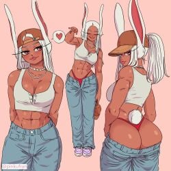 1girls abs ass big_ass big_breasts bottomwear breasts bunny_ears bunny_tail cleavage dat_ass denim denim_bottomwear denim_clothing denim_jeans female female_only footwear hair hat headband heart huge_ass huge_breasts jeans lips long_hair miruko my_hero_academia pants pinkufran ponytail red_thong rumi_usagiyama shoes solo solo_female speech_bubble tail thick_lips thong topwear white_hair