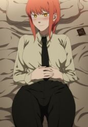 1girls bed big_breasts blush braided_hair breasts chainsaw_man clothed_female condom eye_contact female female_focus female_only fully_clothed long_hair looking_at_viewer makima_(chainsaw_man) on_bed pillow red_hair smile solo thick_thighs thighs yellow_eyes zuharu