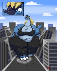 anthro bayusha_(blaze_koopa) bbw black_sweatpants blaze_koopa blonde_hair blue_body blue_eyes blue_skin bottom_heavy brachiosaurus breasts city city_background dino_girl dinosaur dinosaur_tail female female_anthro female_focus giantess hand_on_hip huge_size_difference ill_fitting_clothing knocking_over_buildings long_hair long_neck obese original_character overweight scalie size_difference skyscraper skyscrapers ssbbw sweatpants tank_top thick_hips thick_thighs thunder_thighs