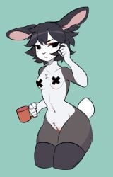 anthro areola black_clothing black_eyes black_hair black_legwear black_thigh_highs breasts clothed clothing colored container crotch_tuft cup female flat_colors fur genitals grey_body grey_fur hair hi_res holding_cup holding_object lagomorph legwear leporid mammal mostly_nude nat_(vesperinox) navel pasties plump_labia portrait pussy rabbit short_hair simple_background small_breasts solo standing thigh_highs three-quarter_portrait tuft vesperinox white_body white_fur