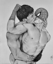 black_and_white brad_welch_art eddie_brock embracing gay graphite_(artwork) male male_only marvel marvel_comics masked men_kissing muscles muscular muscular_male pencil_(artwork) peter_parker sketch spider-man straight_hair venom_(marvel) yaoi