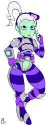 2017 5_fingers alien alpha_channel blue_eyes blush eyelashes female fingerless_gloves first_porn_of_character green_skin hair heels high_heels png ponytail purple_clothing pussy rasenxoru schell_the_spacewitch signature solo transparent_background white_hair yooka-laylee