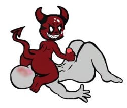 anon ass ass cum demon digital_drawing_(artwork) erection face_on_butt facesitting grey_body hand_on_penis imp impy looking_at_another looking_back male male/male okami23_(artist) penis red_body