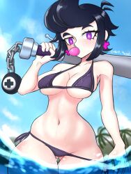 (mirius) 1girls beach bibi_(brawl_stars) big_breasts bikini brawl_stars bubble_gum earrings he11_4ngel mr._bat purple_eyes tagme water