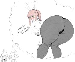 1girls 2boys ass ass_focus big_ass big_breasts blush braided_hair breasts bunny_ears bunnysuit chainsaw_man denji_(chainsaw_man) english_text fantasizing female hayakawa_aki leotard long_hair makima_(chainsaw_man) nocturne_nsfw pantyhose red_hair solo text thick_thighs thighs yellow_eyes