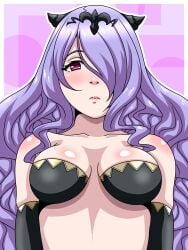 1girls bra breasts camilla_(fire_emblem) elbow_gloves female female_only fire_emblem fire_emblem_fates gloves hair_over_one_eye horns inabakun00 long_hair looking_at_viewer medium_breasts nintendo pink_eyes purple_hair simple_background solo underwear very_long_hair