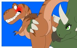 anthro anus ass big_breasts blush breasts brown_body brown_feathers cerah_(specimenzach) ceratopsian claws dinosaur duo embarrassed feathered_dinosaur feathers female female/female friends genitals green_body green_scales hi_res horn nude orange_body orange_scales ornithischian pussy reptile scales scalie simple_background specimenzach teeth theropod triceratops trina_(specimenzach) tyrannosaurid tyrannosaurus tyrannosaurus_rex vaginal_penetration