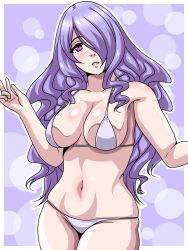 1girls alternate_costume bikini breasts camilla_(fire_emblem) female female_only fire_emblem fire_emblem_fates grey_bikini grey_swimsuit hair_over_one_eye inabakun00 large_breasts long_hair looking_at_viewer nintendo pink_eyes purple_hair simple_background solo swimsuit very_long_hair