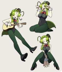 :3 antennae antennae_(anatomy) blush bowtie closed_eyes eyes_closed female grasshopper_(junkzero) green_eyes green_hair green_legwear junkzero leotard pantyhose smile tagme top_hat wrist_cuffs