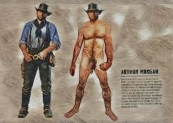 1boy arthur_morgan artist_request body_hair brown_hair character_sheet clothed clothed_male_nude_male cmnm commentary cowboy cowboy_hat dick facial_hair flaccid_penis game gay large_penis male male_only naked nude odor penis power_bottom pubic_hair red_dead_redemption_(series) red_dead_redemption_2 strong tallywhacker uncut