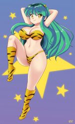 1girls animal_print armpits arms_behind_head bandeau_bikini big_breasts bikini breasts busty cleavage female female_only green_hair hi_res horns large_breasts leg_lift legs long_hair looking_at_viewer lum navel pose sexy_armpits smile solo swimsuit thighs tiger_print urusei_yatsura voluptuous yellow_eyes