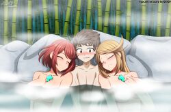 1boy 1girls bathing big_breasts blonde_hair blush bob_cut breasts brown_hair closed_eyes completely_nude completely_nude_female completely_nude_male core_crystal deep_blush ffm ffm_threesome gold_eyes happy_female horny_male hot_spring luna_xd mythra nervous nintendo older_female onsen pyra red_hair relaxed rex_(xenoblade) smile straight taller_female taller_girl threesome water xenoblade_(series) xenoblade_chronicles_2