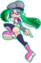 black_legwear bottomless female green_hair hat inkling large_breasts mask nintendo no_panties pink_eyes pointy_ears pussy rasenxoru splatoon transparent_background