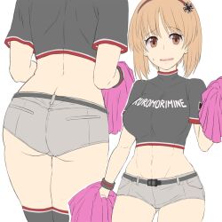 1girls artist_request ass big_ass big_breasts breasts brown_hair bubble_butt busty cheerleader girls_und_panzer kuromorimine_(emblem) large_breasts legs looking_at_viewer midriff navel nishizumi_miho shirt short_hair shorts thighs toned