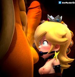 3d ball_gag blonde_hair blue_eyes blue_suit bowser breasts formal from_behind gag gagged highres huge_cock mario_(series) non-web_source onmodel3d partial_male penis princess_rosalina straight_hair suit