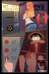 1boy 1boy1girl 1girls before_sex big_penis curvy_figure dialogue ecchisage enormous_penis female female_focus male male/female monkey_d_luffy nami one_piece orange_hair post-timeskip straw_hat text