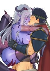 1boy 1girls arachne areola_slip armor arthropod_girl blue_hair blue_skin breasts cape closed_eyes colored_skin commission dark_blue_hair female fire_emblem fire_emblem:_path_of_radiance fire_emblem:_radiant_dawn french_kiss gloves highres horns ike_(fire_emblem) kissing large_breasts leg_lock light_blush male monster_girl muscular muscular_male nintendo original pointy_ears purelove_acc red_cape sex shoulder_armor simple_background skeb_commission spider_girl straight sweat tattoo taur tongue tongue_out upright_straddle white_background white_hair