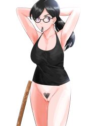 alternate_version_available armpits arms_behind_head arms_up asian asian_female beauty_mark big_breasts black_hair bottomless eyewear female glasses hi_res highres light-skinned_female light_skin long_hair minakata_hizuru mole mole_under_mouth partially_clothed ponytail pubic_hair pussy s580 summer_time_render summertime_render tied_hair topwear uncensored vagina violet_eyes