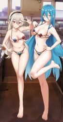 2girls absurdres alternate_costume alternate_height azura_(fire_emblem) bare_legs barefoot barista bikini bikini_uniform blue_hair breasts cafe car commission corrin_(female)_(fire_emblem) corrin_(fire_emblem) corrin_(fire_emblem)_(female) english_commentary female female_only fire_emblem fire_emblem_fates grey_hair hair_between_eyes hairband highres igni_tion indoors leg_up legs light_blush long_hair looking_at_viewer medium_breasts micro_bikini multiple_girls nintendo pasties pointy_ears red_eyes revealing_clothes sideboob smile swimsuit underwear v very_long_hair waitress yellow_eyes