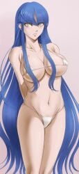 2021 arms_behind_back atlus belly_button blue_hair breasts eyebrows_visible_through_hair genderswap_(mtf) long_hair medium_breasts nahobino_(smt) protagonist_(shin_megami_tensei_v) rule_63 rule_63 sega shin_megami_tensei shin_megami_tensei_v shiono_mitsumori swimsuit yellow_eyes