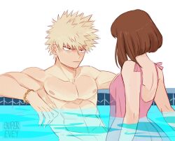 1boy 1boy1girl 1girls abs blonde_hair blue_water bob_cut female hot_tub in_water katsuki_bakugou looking_at_partner male male/female muscles muscular muscular_male my_hero_academia ochako_uraraka pecs pink_clothing pool see_through_clothing sensual shirtless spiky_hair straight suggestive superevey water