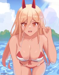 1girls big_breasts bikini blonde_hair breasts chainsaw_man daymandraws demon demon_girl demon_horns eye_contact fangs female female_focus female_only horns long_hair looking_at_viewer orange_eyes power_(chainsaw_man) solo