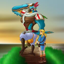 absurd_res ahegarou anthro anus ass avian backsack balls big_balls big_butt big_pecs big_penis blonde_hair blush breath_of_the_wild duo eyelashes foreskin genitals girly hair hi_res huge_balls huge_cock human humanoid hylian kass_(tloz) kass_(zelda) link long_hair male male/male mammal muscular nervous nintendo pecs penis rito size_difference the_legend_of_zelda thick_eyelashes video_games