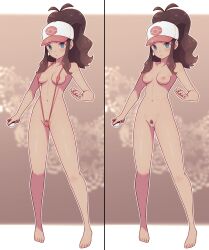 1girls alternate_costume bar_censor baseball_cap blue_eyes breasts brown_hair casual censored clenched_hand clothing completely_nude female full_body game_freak hat hilda_(pokemon) holding_object holding_poke_ball human human_only lamb-oic029 light-skinned_female light_skin long_hair long_legs looking_at_viewer multiple_versions_in_one_image navel nintendo nipples nude nude_female pale_skin poke_ball pokeball pokemon pokemon_bw ponytail pubic_hair sling_bikini solo standing thighs wavy_hair