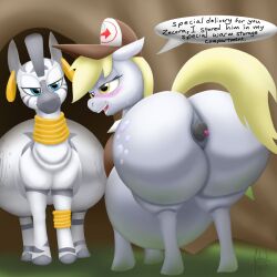 2019 anal anal_vore anus ass belly big_belly big_butt blonde_hair blue_eyes blush bodily_fluids clothing cutie_mark derpy_hooves digital_media_(artwork) duo ear_piercing ear_ring equid equine female feral friendship_is_magic gold_(metal) grey_body grey_hair grey_stripes hair half-closed_eyes hasbro hat headgear headwear hi_res hooves horse jewelry mammal my_little_pony narrowed_eyes piercing pony ring_piercing striped_body stripes sweat tongue tongue_out tracer_painter vore wide_hips yellow_eyes yellow_tail zebra zecora_(mlp)