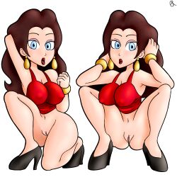 blue_eyes bottomless bracelet brown_hair earrings eyelashes female heels large_breasts lipstick mario_(series) multiple_views nintendo pauline pussy rasenxoru solo squatting straight_hair transparent_background