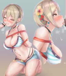 absurdres bikini blush bondage bondage bondage bound breasts cum cum_in_mouth fellatio female flower grey_hair hair_flower hair_ornament highres idolmaster idolmaster_cinderella_girls idolmaster_cinderella_girls_starlight_stage oral saimoto_(saimotocore) shiomi_syuko short_hair swimsuit tears