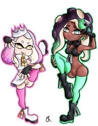 2girls boots crown dark-skinned_female female female_only fingerless_gloves gloves large_breasts light-skinned_female long_hair marina_(splatoon) multiple_girls nintendo pearl_(splatoon) pussy rasenxoru smooth_skin splatoon thighhighs transparent_background zipper