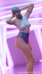 3d armpits arms_up asian asian_female blurred_background canadian face_mask female_only frost_(rainbow_six) high_waisted_bottomwear looking_away nipples_visible_through_clothing okazakilewds pink_background posing rainbow_six rainbow_six_siege see-through_top skin_tight tagme toque white_shirt