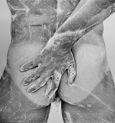 ass ass_focus black_and_white brad_welch_art graphite_(artwork) male male_only muscles muscular muscular_male pencil_(artwork) sketch soapy solo_male tanlines uncolored wet