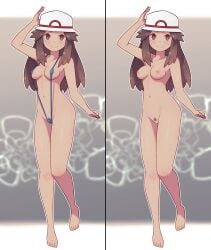 1girls alternate_costume bar_censor brown_eyes brown_hair casual censored clothing completely_nude female full_body game_freak hand_up hat headwear holding_poke_ball human human_only lamb-oic029 leaf_(pokemon) looking_at_viewer multiple_versions_in_one_image navel nintendo nude nude_female pale_skin poke_ball pokemon pokemon_frlg pubic_hair sling_bikini solo standing white_headwear