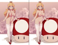 blonde_hair blue_eyes completely_nude lamb-oic029 mario_(series) mostly_nude multiple_versions_in_one_image mushroom nintendo princess_peach pubic_hair sling_bikini solo super_mario_bros.