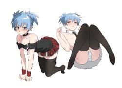 1boy 1femboy all_fours arched_back artist_request assassination_classroom black_stockings blue_eyes blue_hair blush clothes_removed crossdressing femboy girly male_only medium_hair panties pigtails shiota_nagisa short_skirt skinny_male skirt stockings tagme trap