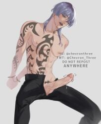 abs artist_request black_pants cuffs male_only open_mouth purple_eyes purple_hair rindou_haitani tattoos