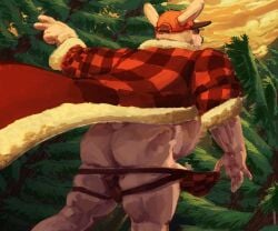 anthro ass avalath_tiger big_penis clothing genitals hi_res jockstrap lagomorph leporid male mammal musclegut penis plaid presenting presenting_hindquarters rabbit solo underwear