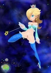 blonde_hair blue_eyes crown eyelashes female hair_over_one_eye heels magic_wand mario_(series) nintendo outer_space princess_rosalina pussy rasenxoru solo super_mario_galaxy thighhighs