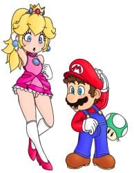 1boy 1girls blonde_hair blue_eyes brown_hair crown dress earrings eyebrows_visible_through_hair eyelashes gloves hat heels larger_female long_hair mario mario_(series) moustache mushroom nintendo no_panties open_mouth overalls princess_peach rasenxoru size_difference super_mario_bros. transparent_background white_gloves white_socks