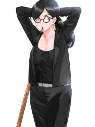 alternate_version_available asian asian_female beauty_mark belt big_breasts black_hair black_jacket black_pants black_shirt eyewear female fully_clothed glasses grey_belt hi_res highres light-skinned_female light_skin long_hair minakata_hizuru mole mole_under_mouth ponytail s580 summer_time_render summertime_render tied_hair violet_eyes