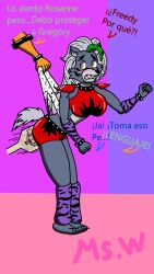 animatronic anthro blush childish_panties claws digital_media_(artwork) five_nights_at_freddy's five_nights_at_freddy's:_security_breach grey_hair mswedgie123 purple_background red_clothes roxanne_wolf_(fnaf) scottgames spanish_text spanking spanking_ass spanking_butt spanking_paddle text wedgie wedgie_spanking wolf_girl