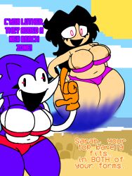 anthro beach breasts clothes_barely_holding dialogue luther_(needlemouse) needlemouse_(character) needlemouse_(series) sarah_henderson_(needlemouse) scritdrawslewds text